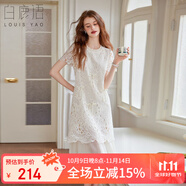 白鹿語夏季圓領(lǐng)鏤空蕾絲花邊連衣裙氣質(zhì)優(yōu)雅蝴蝶結(jié)釘珠中長裙 米色  L 