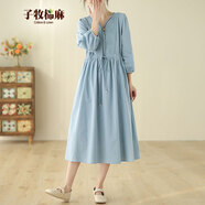 子牧棉麻春裝 女韓版刺繡純棉連衣裙氣質(zhì)寬松顯瘦度假長(cháng)裙子9142 藍色 L(建議115-125斤)