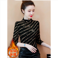 WMOKNN條紋T恤女春秋半高領(lǐng)網(wǎng)紗修身上衣洋氣顯瘦加絨加厚打底衫女秋冬 黑色（加絨款） M （95-105斤）