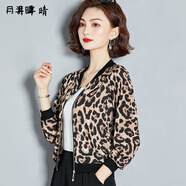 月半晴（YUEBANQING）長袖外套女2025秋季新款短外套女豹紋寬松棒球服減齡夾克女女裝 卡其豹紋長袖 XL _[建議105-115斤]