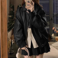 妙奕嘉黑色仿皮皮衣外套女皮夾克機車(chē)皮衣外套女秋冬季外套衣服女裝上衣 美拉德機車(chē)皮衣防風(fēng)外套【黑色】 M （建議100-115斤）