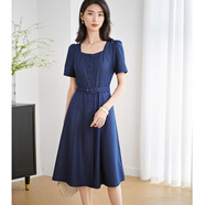 米思陽(yáng)（missshine）2025夏季新款簡(jiǎn)約通勤天絲牛仔連衣裙收腰顯瘦法式A字裙子 深寶藍現貨直發(fā) S