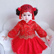 瑞央女寶寶一周歲抓周衣服女童秋冬裝洋氣連衣裙禮服刺繡嬰兒公主裙 加絨裙+模特毛球發(fā)網(wǎng) 飛飛 90cm