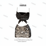 MUYI 重工辣妹蝴蝶綁帶吊帶背心女御姐網(wǎng)紅亮片高腰包臀裙夜店服 黑蝴蝶+抹胸+亮片裙_三件套 S 建議80-90斤