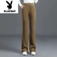 花花公子（PLAYBOY）歐米絨2025秋冬新款女松緊高腰直筒褲加絨加厚寬松垂感條絨闊腿褲 卡其色 加絨 M 建議105斤以下