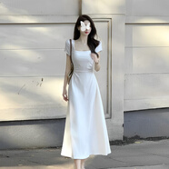 GARNUO法式氣質(zhì)白色短袖連衣裙女夏季小個(gè)子高級感收腰顯瘦小白裙長(cháng)裙子 白色【短袖長(cháng)款】 S 【101-110斤】