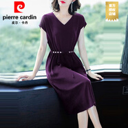 皮爾卡丹（PIERRE CARDIN）高端名媛氣質(zhì)連衣裙夏休閑新款奢華大牌過膝V領(lǐng)休閑歐貨洋氣裙子 廣州十三行連衣裙紫色 L 超仙連衣裙新品 建議95-118斤