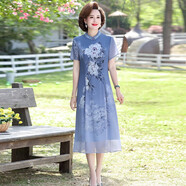 俞兆林（YUZHAOLIN）母親節中老年女裝夏裝短袖旗袍雪紡連衣裙中年媽媽時(shí)尚女裙2025新 藍色 3XL (建議115-130斤)