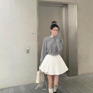 山頭林村韓版設計感千金圓領(lǐng)拼接針織毛衣外套假兩件上衣蓬蓬裙學(xué)生套裝女 【加絨】灰色外套+白裙子 S