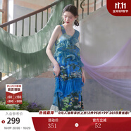 兩三事度假超仙的裙子女夏季紫色油畫(huà)藝術(shù)吊帶海邊連衣裙云霧睡蓮 藍色 M