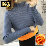 KJ保暖內(nèi)衣加絨加厚毛衣圓領(lǐng)針織修身長(zhǎng)袖短款打底衫高彈性保暖上衣 藍(lán)色加絨 M （80-105斤）