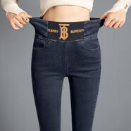 XSQP高腰彈力牛仔褲女2024秋冬加絨加厚松緊腰修身小腳打底褲鉛筆褲 999藍灰色單褲 高彈力 27 建議85-94斤