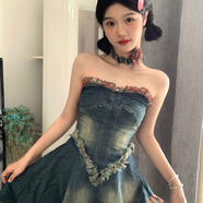 慕伊銘（MUYIMING）玫瑰碎花拼接毛邊牛仔連衣裙女春夏季辣妹設(shè)計(jì)感收腰抹胸裙潮 藍(lán)色 M