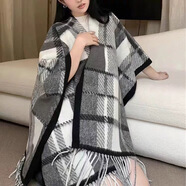 允娜民族風(fēng)山水畫(huà)披肩旅游外搭斗篷外套披風(fēng)毯子秋冬季加厚保暖圍巾女 黑白格子披肩
