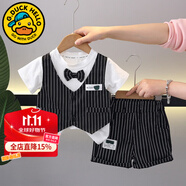 G.DUCKKIDS童裝男童套裝夏季兒童西裝套裝小童夏裝短袖短褲1男寶寶周歲禮服 黑色【條紋款】 80 尺碼7-11月(建議寶寶75-85cm)