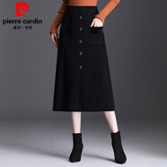 皮爾卡丹半身裙女2025秋冬新款毛線針織裙中長款高腰a字裙配毛.衣過膝裙子 黑色 L 105-120斤