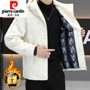 皮爾卡丹（pierre cardin）羊羔毛絨冬季外套男加絨加厚保暖上衣服秋冬裝休閑顆粒絨連帽夾克 1075米白色 M100斤以下