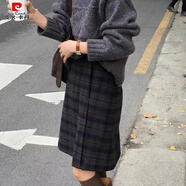 皮爾卡丹高個(gè)子及膝裙秋冬顯瘦遮肚格紋毛呢半裙胖mm梨型身材a字短裙中裙 藍色格子 S