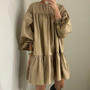 韓國chic秋季復古簡(jiǎn)約圓領(lǐng)褶皺層次感設計寬松休閑燈籠袖連衣裙女 卡其色 均碼 均碼