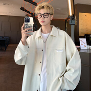 NEW OR MODE美式燈芯絨襯衫外套男秋季新款寬松百搭oversize純色重磅潮牌上衣 杏色 XL