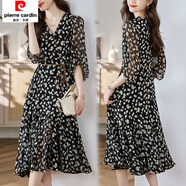 皮爾卡丹廣州十三行連衣裙2026夏季新款韓版V領(lǐng)碎花設計大擺修身顯瘦裙子 黑色 2XL 【建議125-135斤】