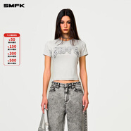 SMFK金屬搖滾修身Tee短袖t恤歐美字母印花短款上衣女DT010B2/W2/LG2 塵?；?XS