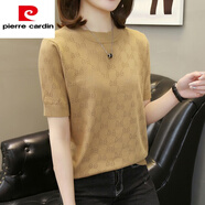 皮爾卡丹（pierre cardin）短袖T恤衫女2025夏季新款休閑寬松圓領(lǐng)設(shè)計(jì)感冰絲打底針織衫上衣 咖色(版) M