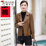 啄木鳥海寧真皮皮衣外套女春秋2024新款韓版修身顯瘦小皮衣女短款皮夾克 焦糖色加棉 2XL 建議115-125斤