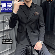 羅蒙（ROMON）雙排扣英倫西服套裝男新郎婚禮修身正裝上班休閑時(shí)尚條紋帥氣西裝 雙排扣黑色(西服+馬甲+西褲+襯衫） M