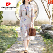 皮爾卡丹（pierre cardin）中國(guó)風(fēng)復(fù)古苧麻改良旗袍大1碼連衣裙子女夏mm顯瘦棉麻別致中長(zhǎng)裙 圖片色 M【95-120斤】