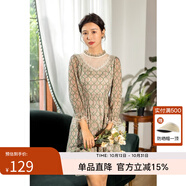 固執(zhí)（OBSTINATE）【特價】秋季新款復古網紗拼接長袖印花雪紡小個子短款連衣裙 綠色 XL
