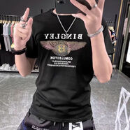 鴻星夏季新款歐貨男士時尚字母燙鉆純棉短袖青年修身圓領半袖t恤 賓利-黑色【-面料 S建議70-90斤【面料