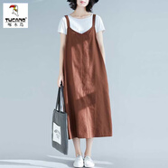 啄木鳥(niǎo)棉麻吊帶連衣裙女夏季2025新款寬松韓版休閑中長(cháng)款無(wú)袖背帶裙 咖啡色 XL 【建議135-165斤】