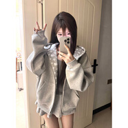 趣米樂(lè )美式潮流字母印花衛衣女春秋季新款潮流開(kāi)衫連帽衫外套寬松上衣服 花灰色【春秋薄款】 L