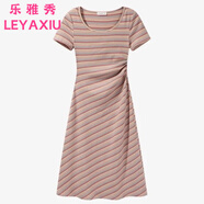 樂雅秀粉色彩虹條紋褶皺連衣裙收腰顯瘦小個子連衣裙女2025夏季t恤裙A字 長裙 M 建議85-105斤