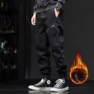 嘉瑞泰男士高端牛仔褲男寬松秋冬季新款加絨束腳褲哈倫褲休閑褲松緊褲子 黑色加絨 XL （體重145-160斤）