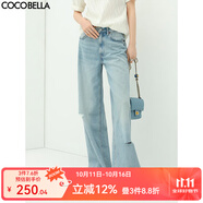 COCOBELLA水洗磨白破洞牛仔褲女寬松休閑直筒闊腿褲DN75-2 牛仔藍 S