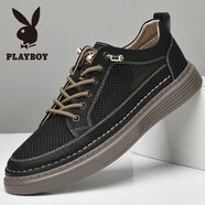 花花公子（PLAYBOY）花花公子男鞋夏季軟底真皮百搭休閑透氣網(wǎng)面鞋大碼運(yùn)動(dòng)板鞋男潮鞋 黑色 36