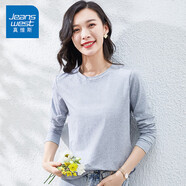 真維斯（JEANSWEST）長(cháng)袖t恤女秋季基礎款純棉舒適寬松修身上衣內搭打底衫淺花灰M