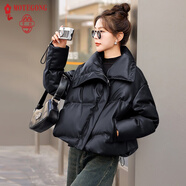 夢(mèng)嬌高級感PU皮短款羽絨服女冬季2025新款歐貨小個(gè)子氣質(zhì)面包服厚外套 黑色 S 建議 [90-110斤]