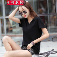 衣領(lǐng)飄飄短袖V領(lǐng)t恤女裝春夏裝寬松簡(jiǎn)約百搭棉純色上衣衣服體恤衫 黑色 2XL寬松(150-165斤)