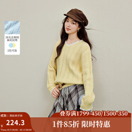 茵曼2025秋冬女裝新款麻花毛衣花邊V領(lǐng)寬松套頭長袖針織衫 淺黃色 S