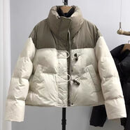 莫代爾2025冬季新款棉服韓版撞色棉服女牛角扣寬松時(shí)尚洋氣面包服短外套 米白拼卡其 L 125-140斤