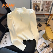 FSHE針織打底衫女秋冬內(nèi)搭新中式立領(lǐng)珍珠盤扣泡泡袖洋氣毛衣復(fù)古上衣 白色 M 建議95-105斤