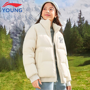 李寧兒童羽絨服女大童冬季新款中長(zhǎng)款連帽加厚保暖休閑羽絨外套 米白色10-2 170