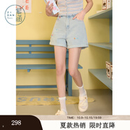 紫涵（ZIHAN）紫涵做舊卷邊刺繡牛仔短褲女2025年夏季新款松緊高腰藍色休閑熱褲 牛仔藍 XL