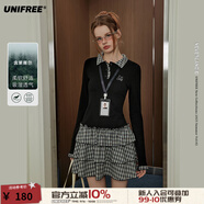 UNIFREE格子拼接長(cháng)袖連衣裙女polo領(lǐng)收腰撞色復古花邊蓬蓬百褶裙 黑色 S