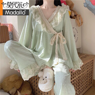 莫代爾公主風(fēng)睡衣套裝女春秋季長(cháng)袖長(cháng)褲甜美可愛(ài)蕾絲和服女日系家居服 淺綠色兩件套 M【建議80-95斤】