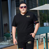 豪朗格胖子男裝加肥加大碼短袖V領(lǐng)t恤特大號寬松肥佬冰絲涼爽體恤上衣 黑色 2XL