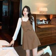 山頭林村新款蕾絲磨毛拼接假兩件淑女甜美修身打底連衣裙 卡其色 S